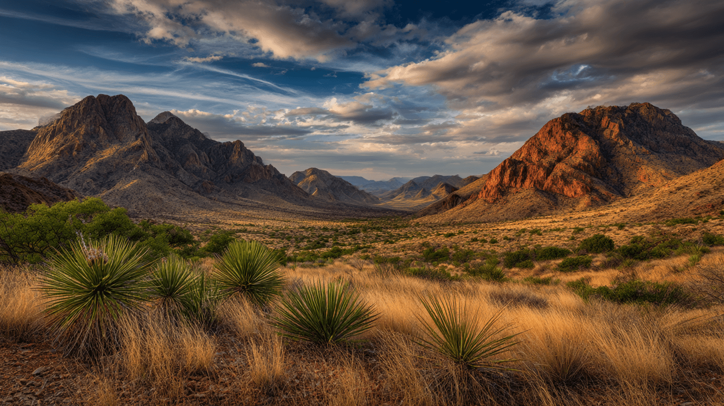 Panoramic view of Hudspeth County, Texas desert with yucca plants, golden grass, and red rock mountains under a dramatic sky.